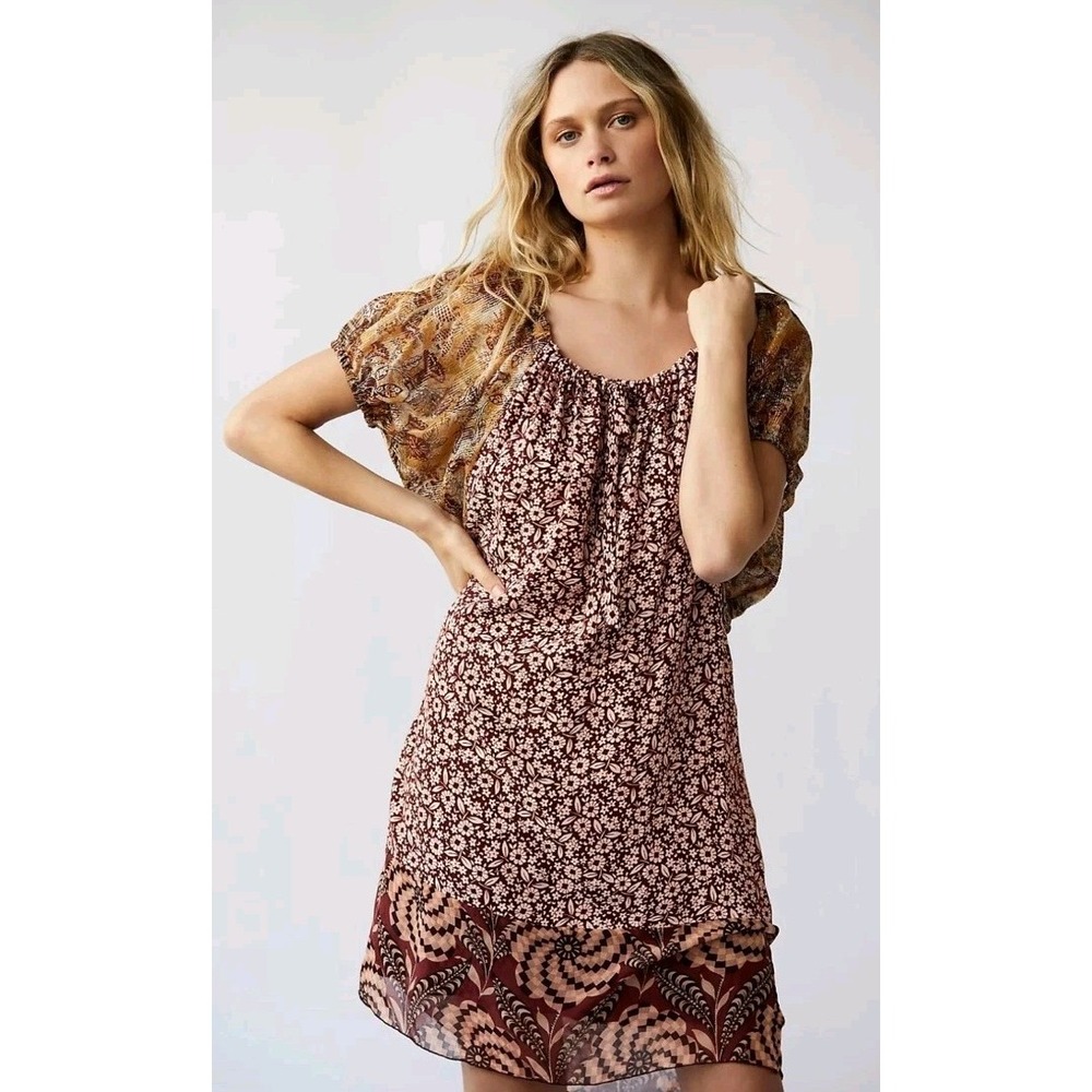 Anna Sui  Free People Upcycle Puff Sleeve Dress Silk Adjustable Neckline Sz Sm‎